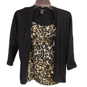 AUGUST SILK Animal Print Cardigan Attached Tank Top Black Gold Metallic Size PS